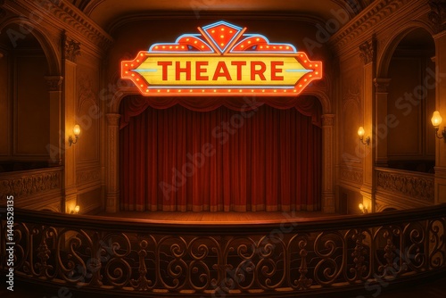 Vintage Theater Balcony with Stunning Marquee Sign and Curtains