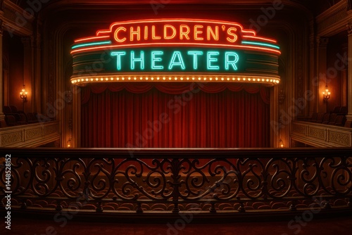 Obraz na płótnie Vintage Children's Theater Balcony with Neon Sign and Curtain w salonie