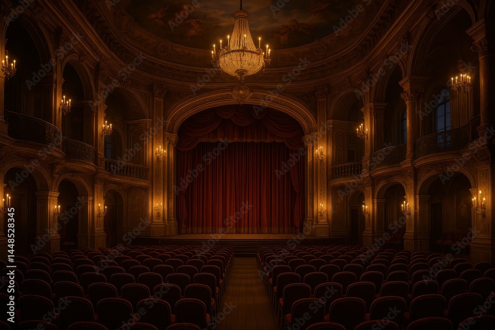 Elegant Baroque Theater Interior with Red Curtains and Chandelier