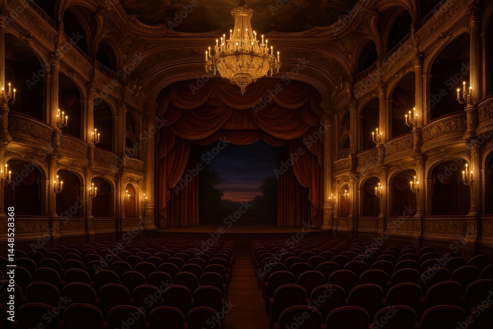 Elegant Baroque Theater Interior with Dramatic Lighting and Empty Seats