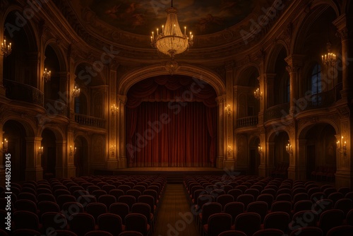 Elegant Baroque Theater Interior with Red Curtains and Chandelier