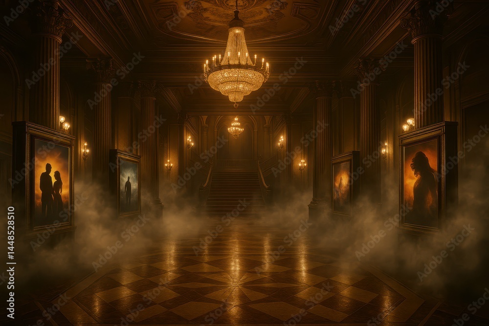 Opulent Theater Entrance with Chandeliers and Classic Artworks