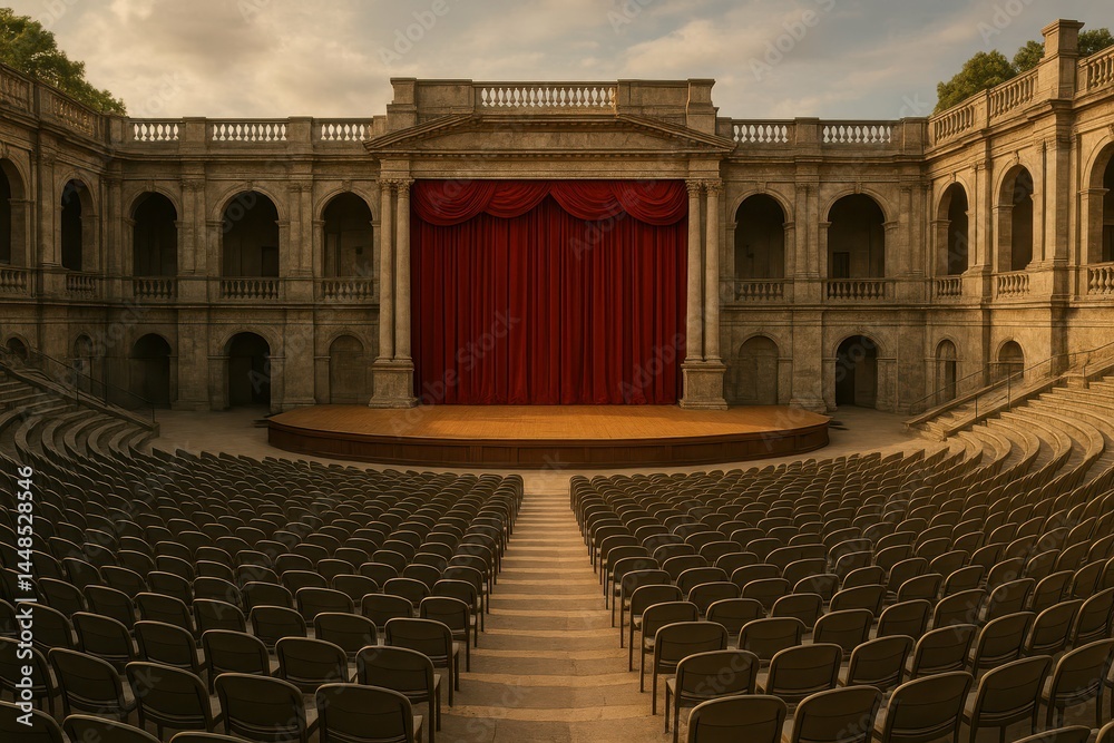 Stunning Open Air Theater with Red Curtain and Rows of Chairs