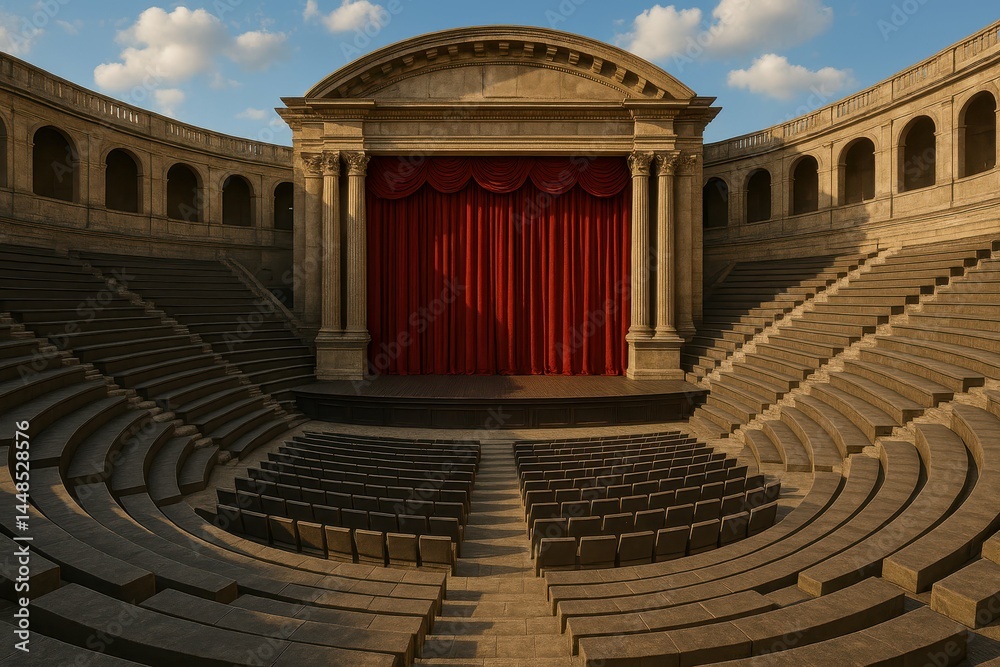 Open Air Theatre with Red Curtains and Stone Architecture Design