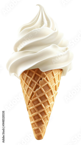 Vanilla or cream ice cream cone on transparent background – light scoop in waffle, isolated PNG dessert for summer menu, sweet food design or packaging