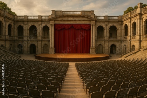 Obraz na płótnie Stunning Open Air Theater with Red Curtain and Rows of Chairs w salonie
