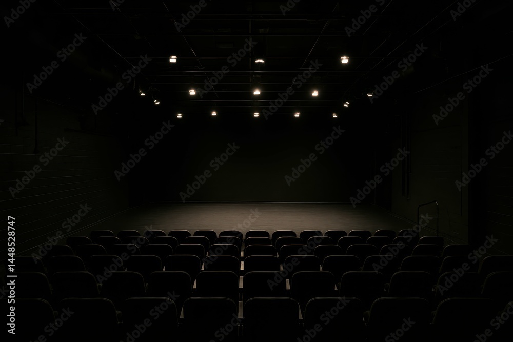 Empty Theater Stage at Night with Dim Lighting and Seating Area
