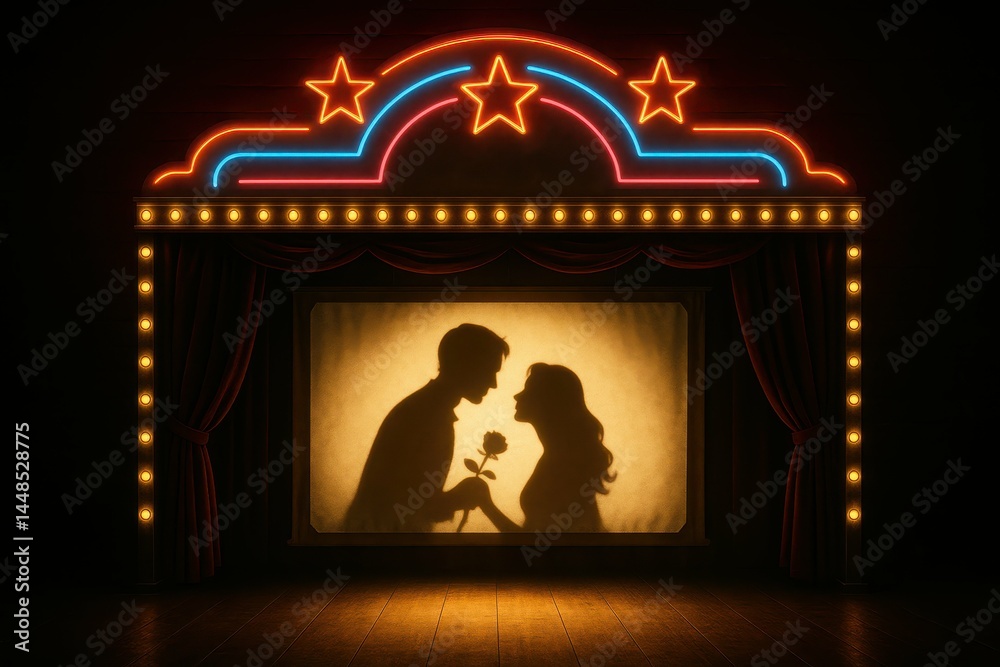 Romantic Shadow Puppet Scene with Silhouette and Neon Lights