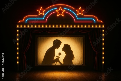 Obraz na płótnie Romantic Shadow Puppet Scene with Silhouette and Neon Lights w salonie
