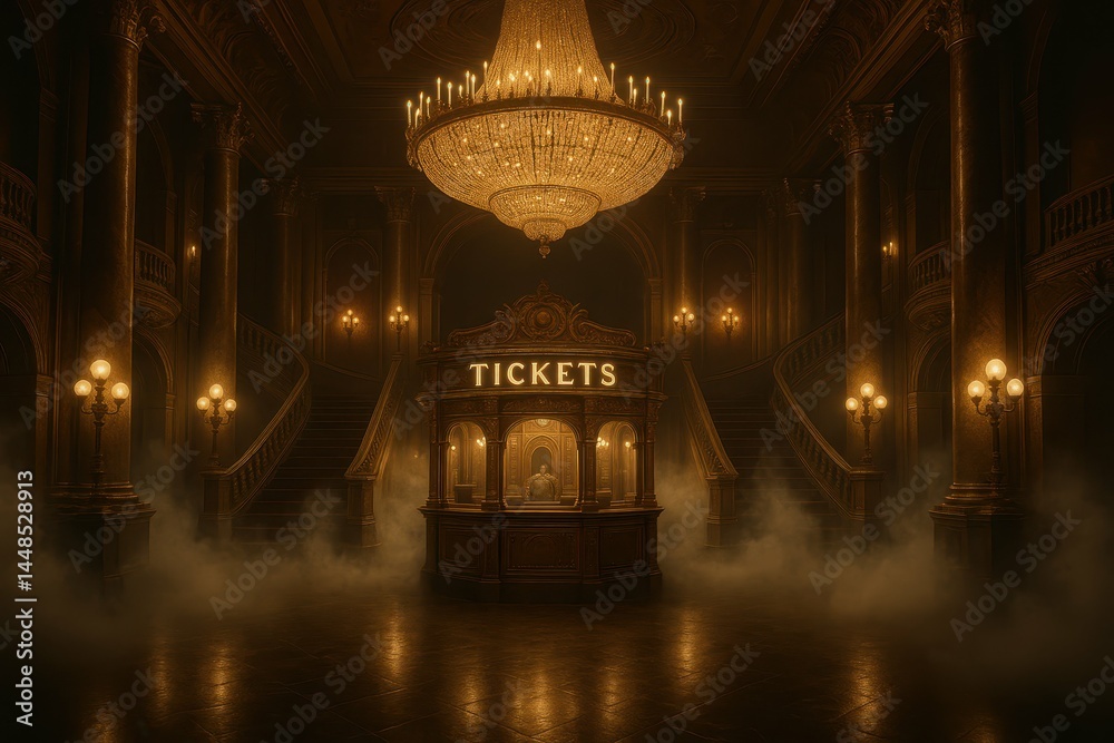 Opulent Palace Interior with Grand Chandelier and Ticket Booth