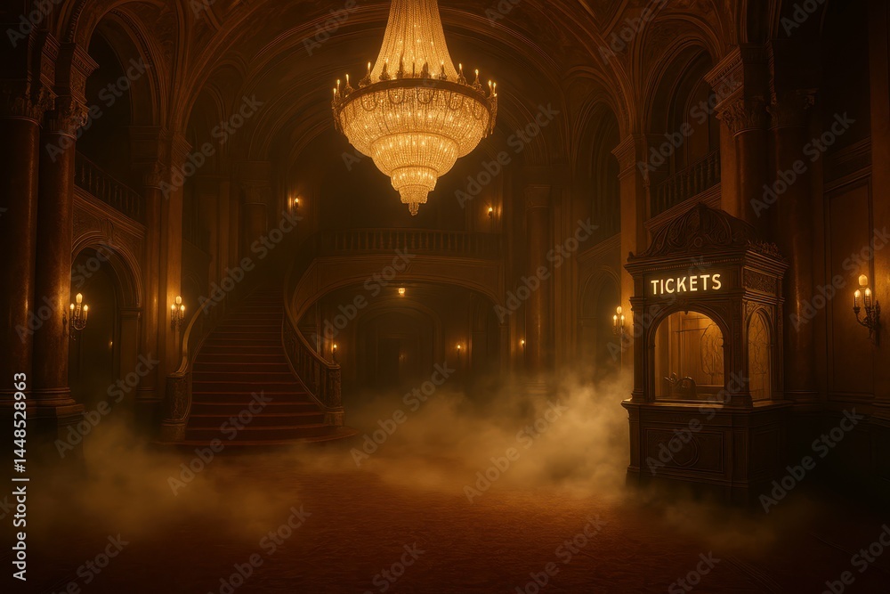 Lavish Cinematic Interior of an Elegant Palace Hall with Tickets Booth