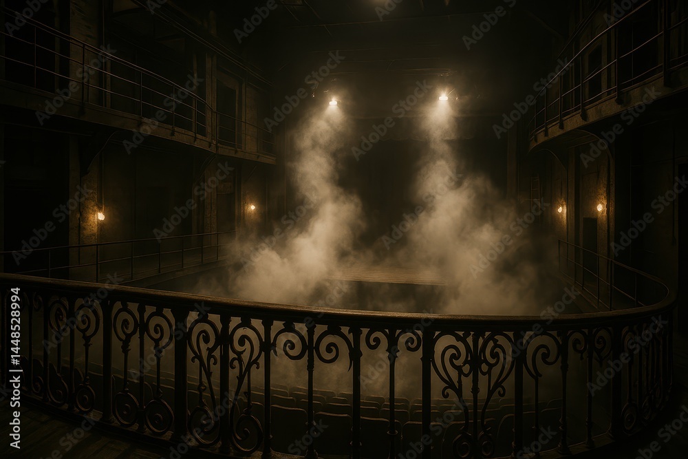 Dramatic Theatrical Setting with Fog and Balcony View at Night