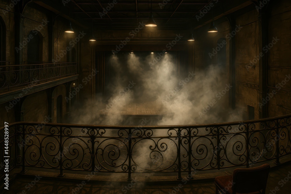Mysterious Theatrical Balcony with Fog and Dim Lighting Effect