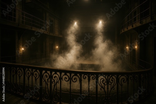 Obraz na płótnie Dramatic Theatrical Setting with Fog and Balcony View at Night w salonie