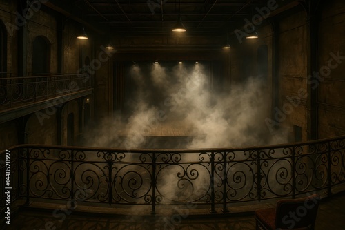 Obraz na płótnie Mysterious Theatrical Balcony with Fog and Dim Lighting Effect w salonie