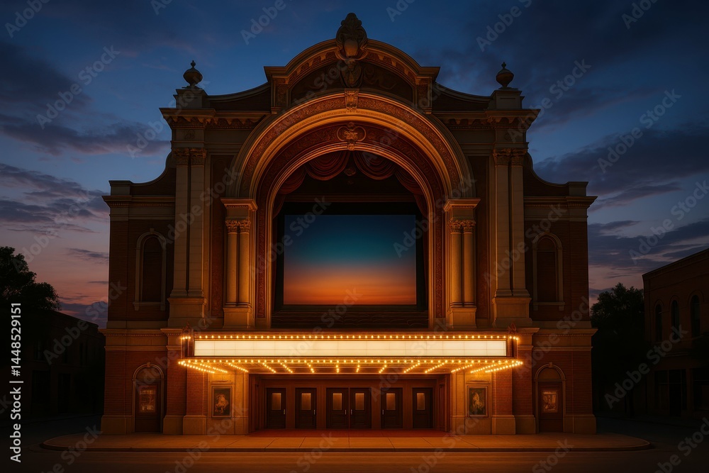 Majestic Theater Facade Illuminated at Dusk with Vibrant Skyline