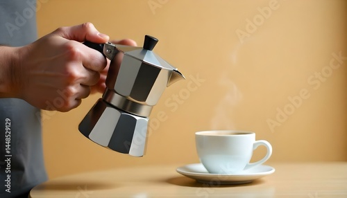 cropped view of man holding metal coffee pot near coffee cup on beige background