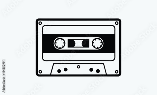 Cassette tape silhouette, retro audio icon, vintage music media, black tape illustration, old school cassette design