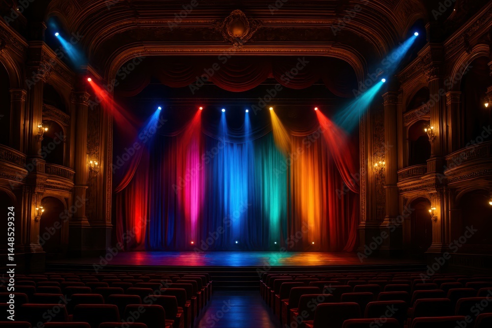 Vibrant Stage Lights Illuminate Elegant Theater Interior