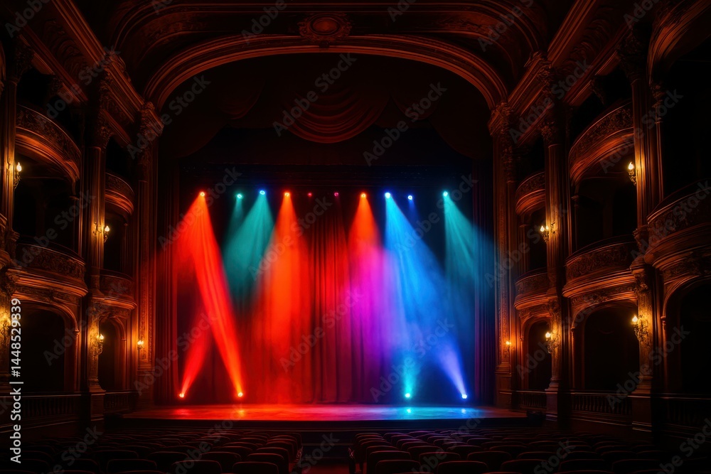 Colorful Stage Lights Illuminate a Grand Palace Theater Scene