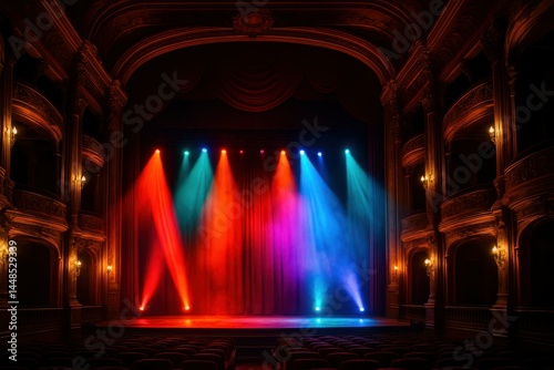 Obraz na płótnie Colorful Stage Lights Illuminate a Grand Palace Theater Scene w salonie