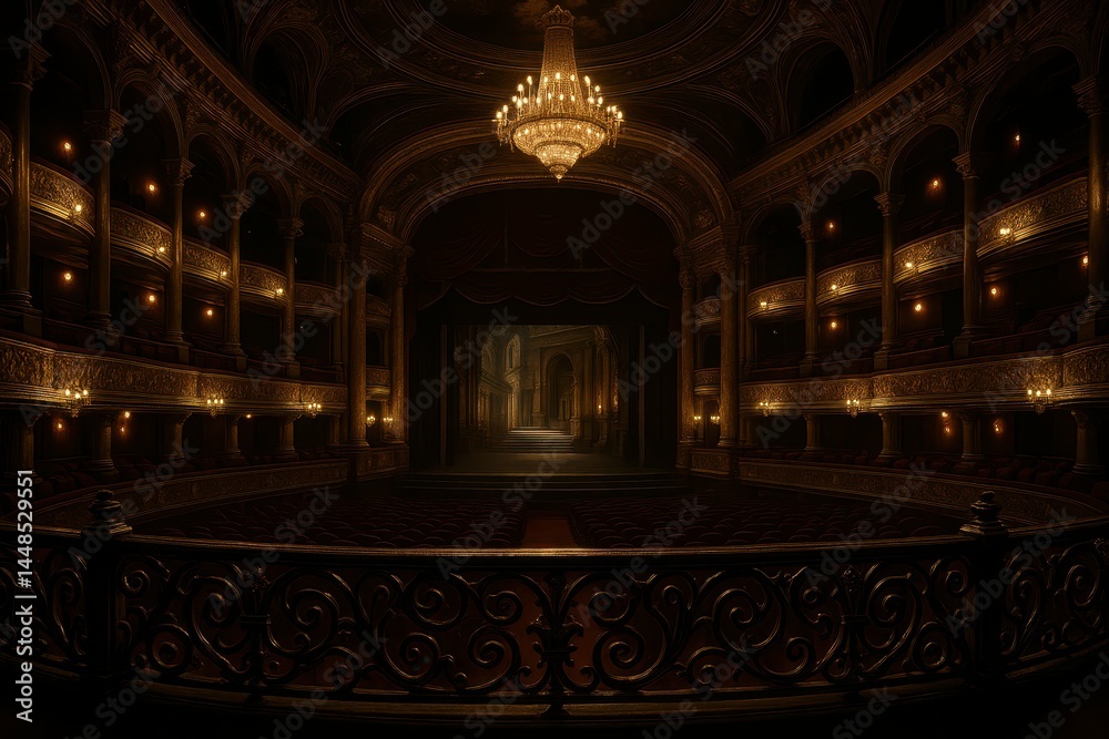 Elegant Opera House Interior at Night with Dramatic Lighting