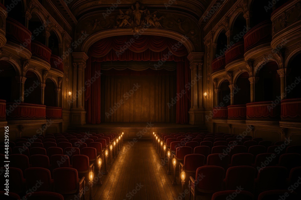 Elegant Baroque Theater Ambiance with Warm Lighting and Red Seats