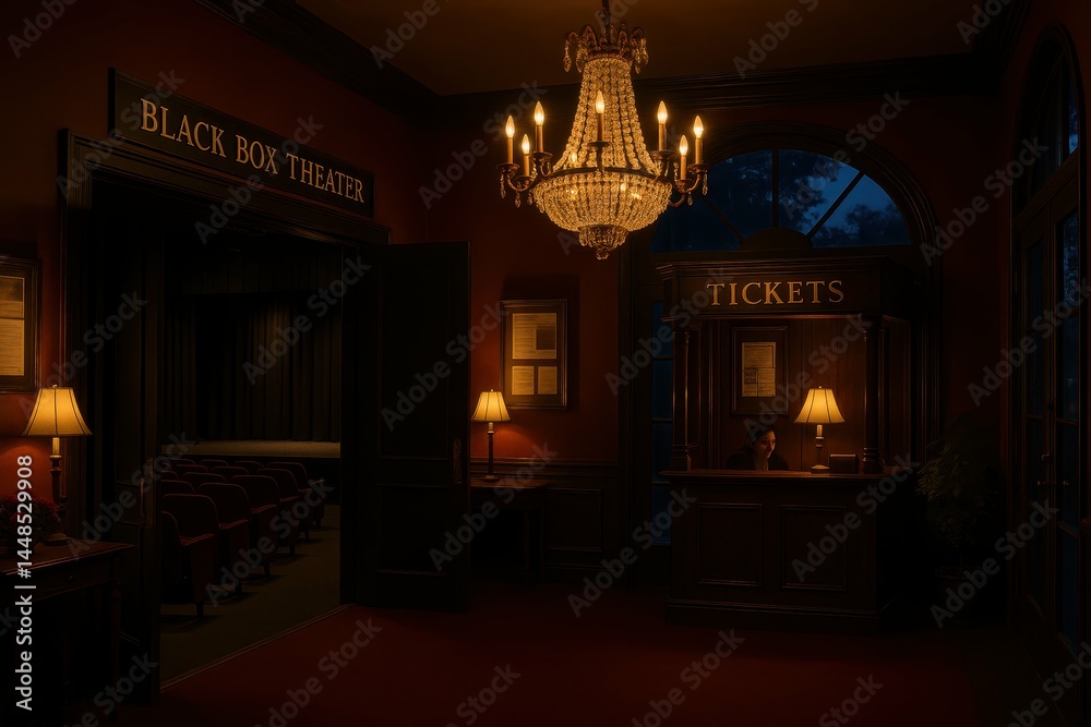 Romantic Theater Ambiance with Elegant Chandelier and Ticket Booth