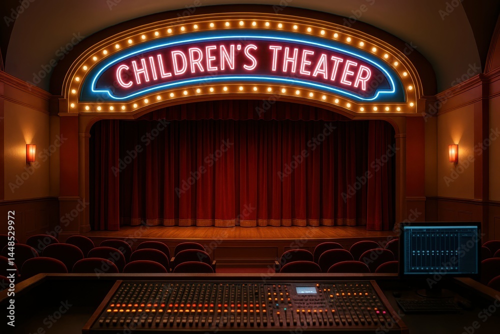 Bright Neon Sign of Children's Theater with Stage and Soundboard