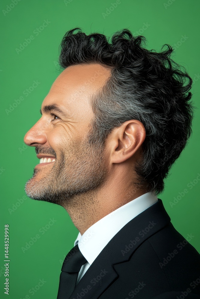 A confident and happy man exuding charm. Green solid background. Conceptual art of style for aging men. Elegant men's undercut haircut - midlife white man with black hair.