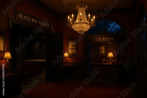 Obraz na płótnie Romantic Theater Ambiance with Elegant Chandelier and Ticket Booth w salonie