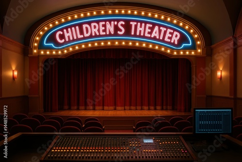 Obraz na płótnie Bright Neon Sign of Children's Theater with Stage and Soundboard w salonie
