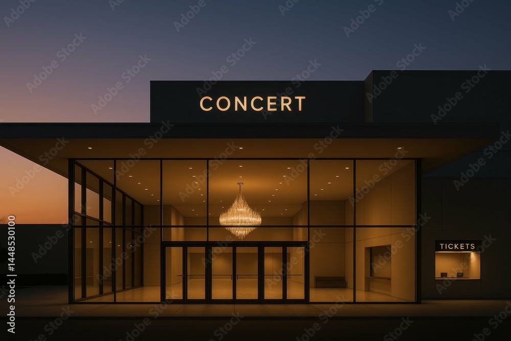 Modern Concert Theater at Dusk with Warm Glowing Lights