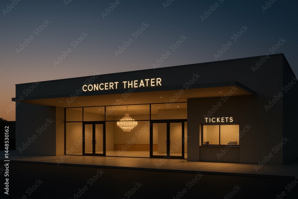 Dusk at a Modern Concert Theater with Glowing Signage and Calm Atmosphere