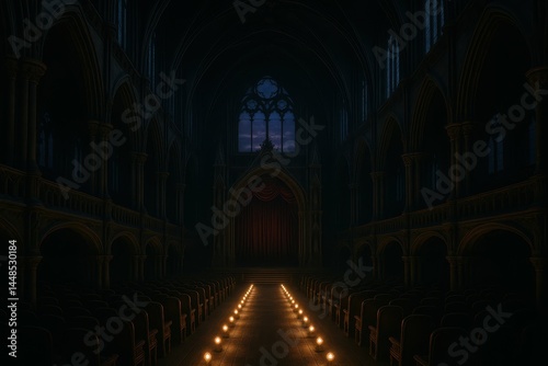 Gothic Opera House at Dusk with Candles and Dramatic Lighting