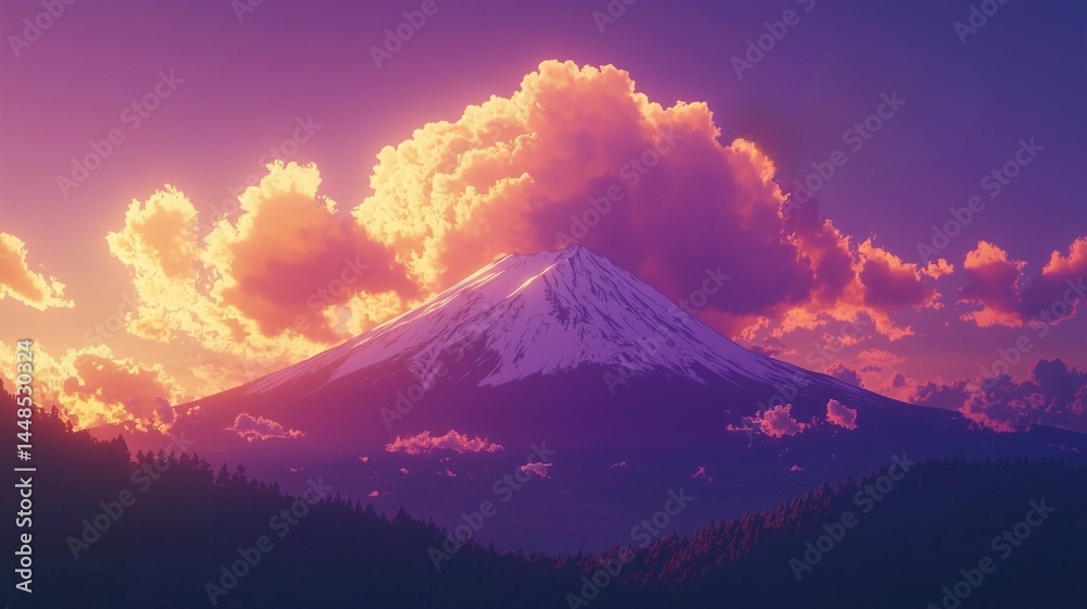Fototapeta premium 笠雲をかぶる夕焼けの富士山