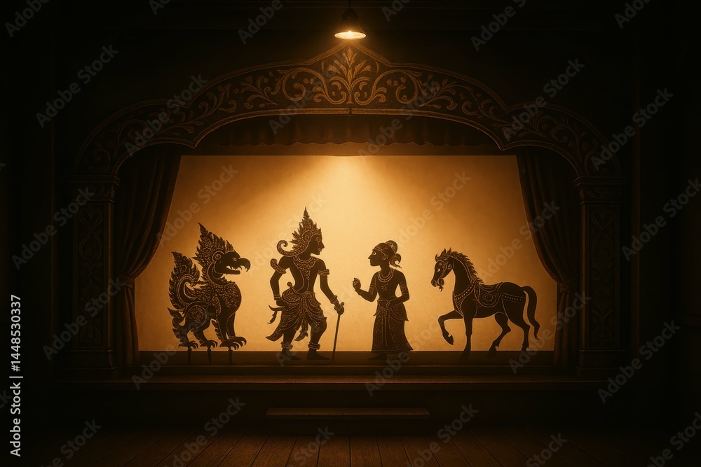 Enchanting Shadow Puppet Theater with Intricate Characters and Scene