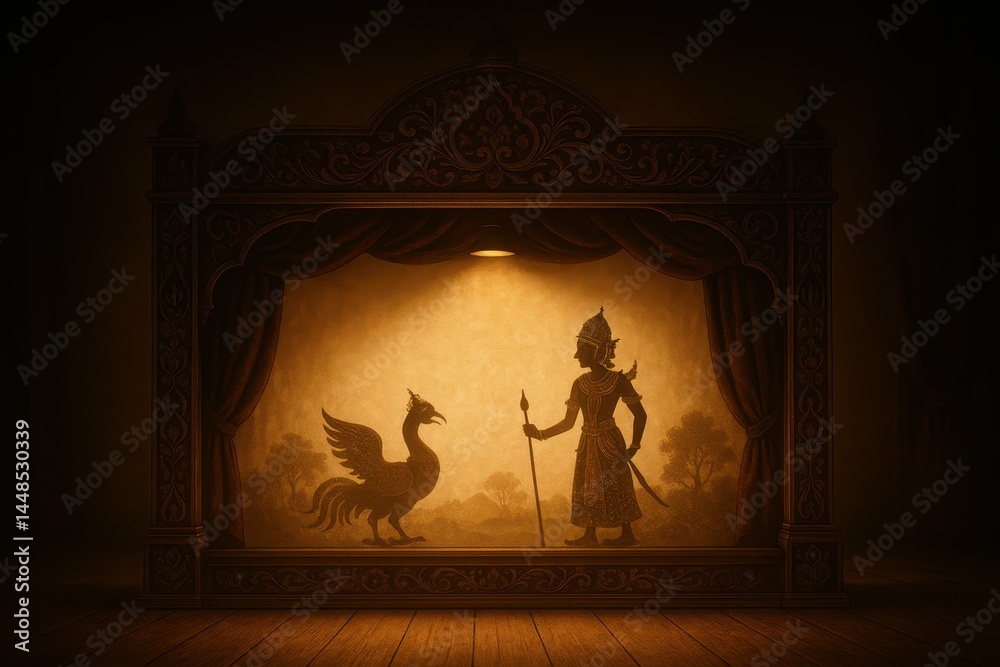 Serene Shadow Puppet Show in a Dimly Lit Theater Setting