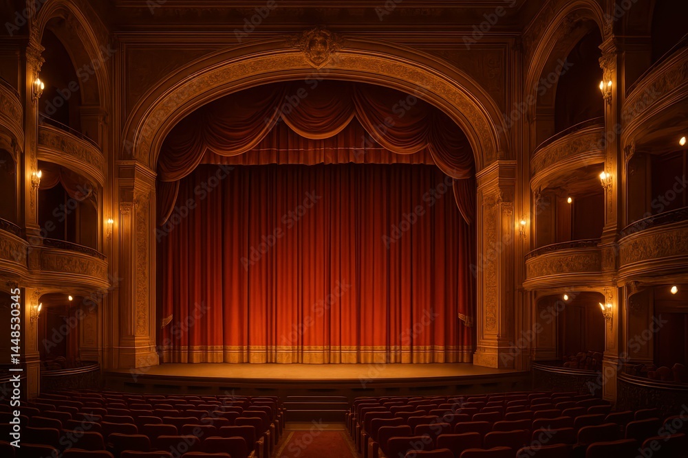 Elegant Lavish Theater Interior with Red Curtain Stage Setup