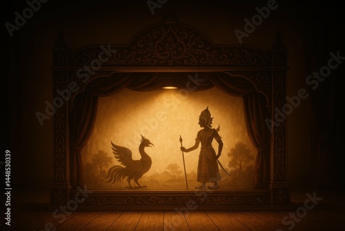 Obraz na płótnie Serene Shadow Puppet Show in a Dimly Lit Theater Setting w salonie