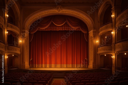 Obraz na płótnie Elegant Lavish Theater Interior with Red Curtain Stage Setup w salonie