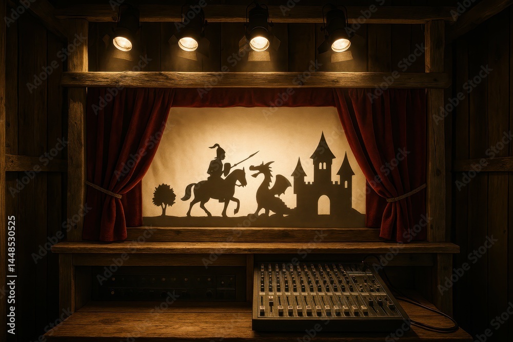 Rustic Puppet Theater with Dramatic Shadow Silhouettes and Lights