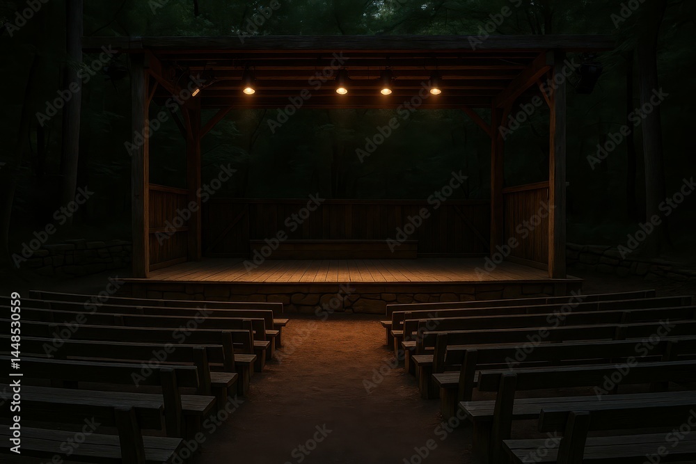 Empty Open Air Theater Stage Surrounded by Dense Trees at Night