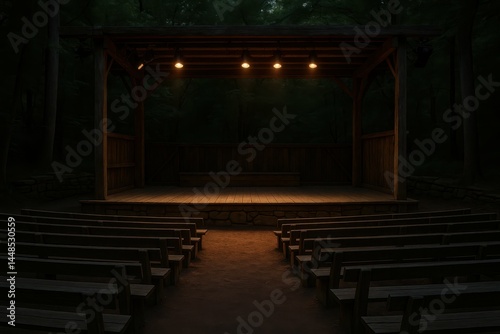 Empty Open Air Theater Stage Surrounded by Dense Trees at Night
