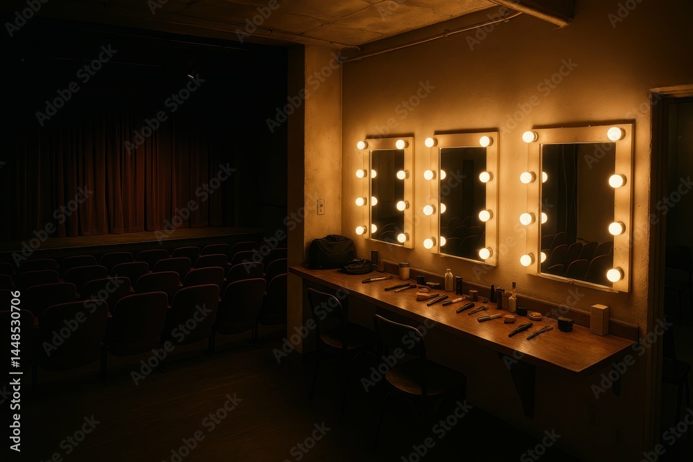 Dimly Lit Dressing Room with Mirrors and Makeup Essentials