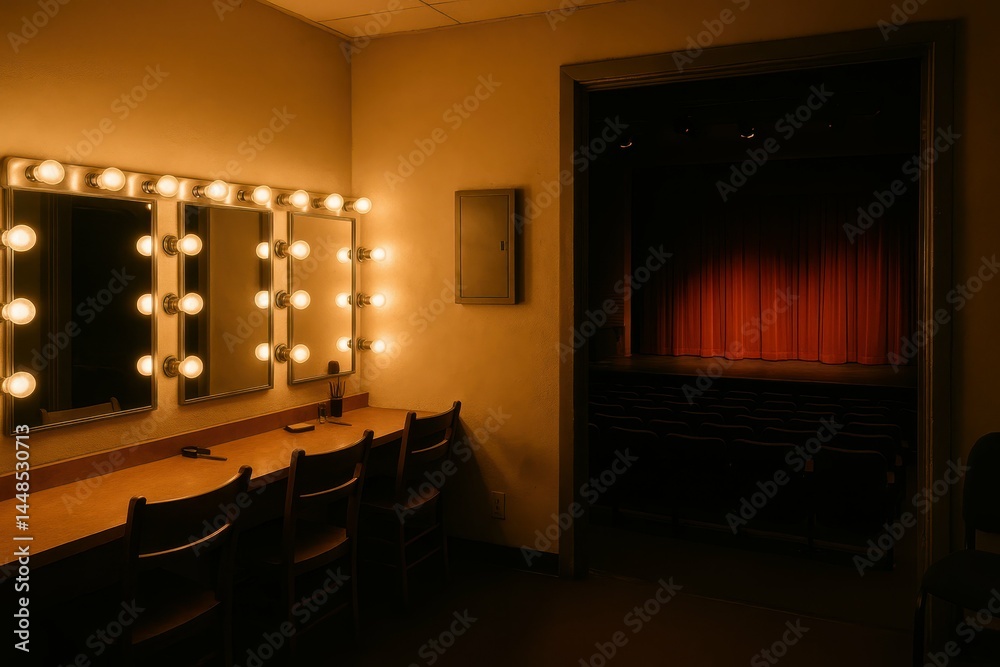 Dimly Lit Dressing Room with Mirrors and Stage in Background