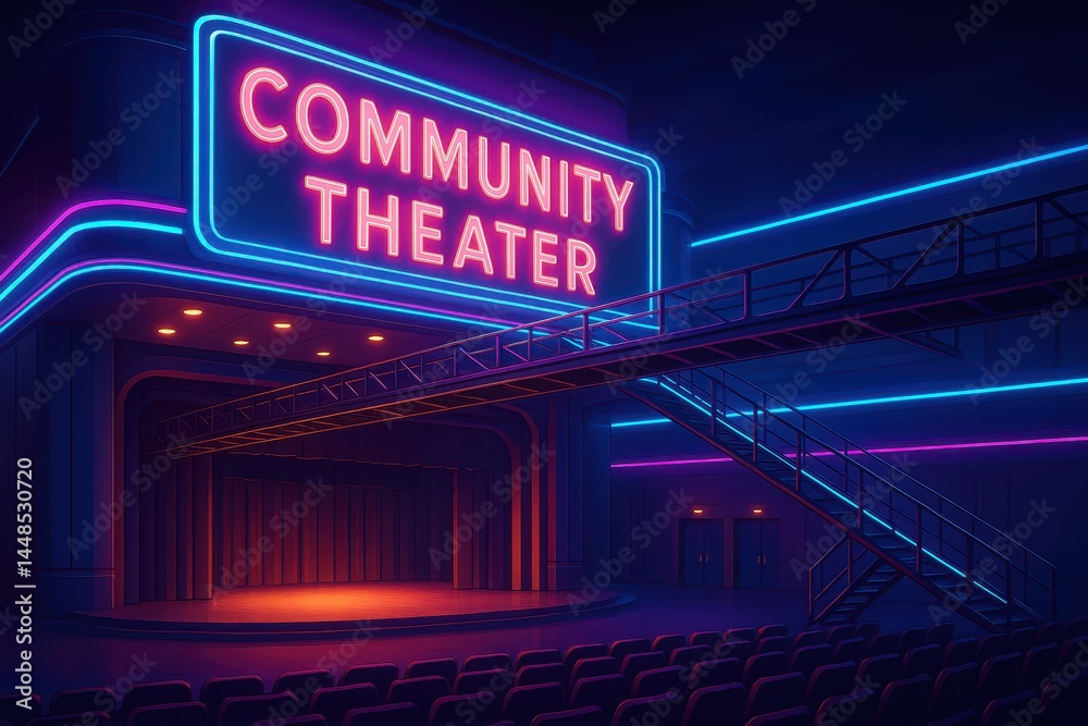 Futuristic Community Theater with Neon Lights and Catwalk Design