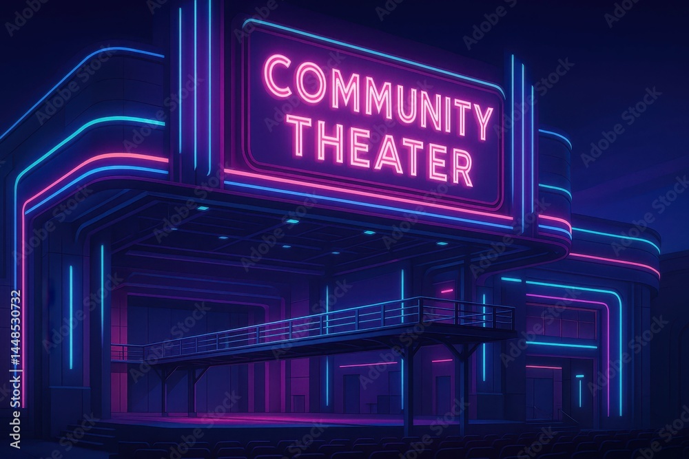 Neon-Futuristic Community Theater with Catwalk and Vibrant Lighting