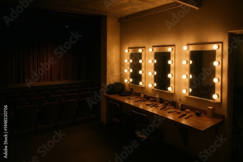 Obraz na płótnie Dimly Lit Dressing Room with Mirrors and Makeup Essentials w salonie