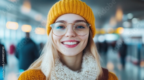 Smiling young woman in a cozy yellow hat, cheerful expression, vibrant atmosphere, perfect for friendly travel promotions.